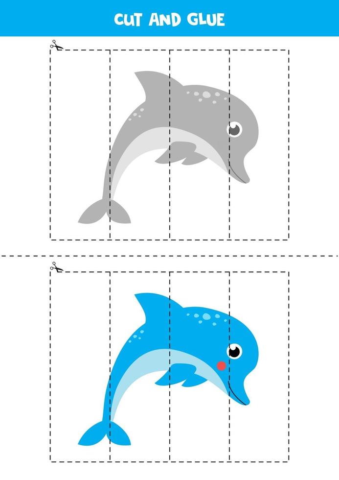 Cut and glue game for kids. Cute cartoon blue dolphin. vector