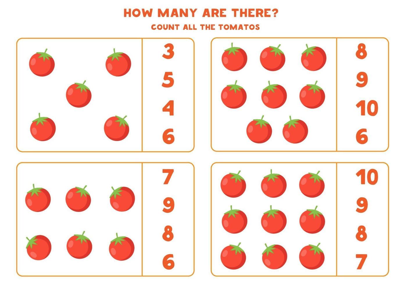 cuente todos los tomates rojos y encuentre la respuesta correcta. vector