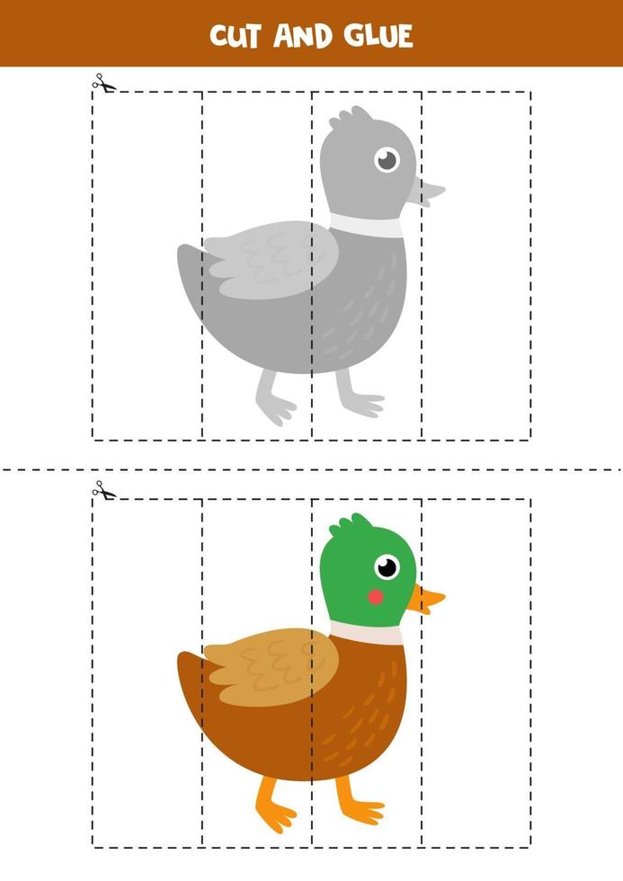 Cut and glue game for kids. Cute cartoon duck. vector