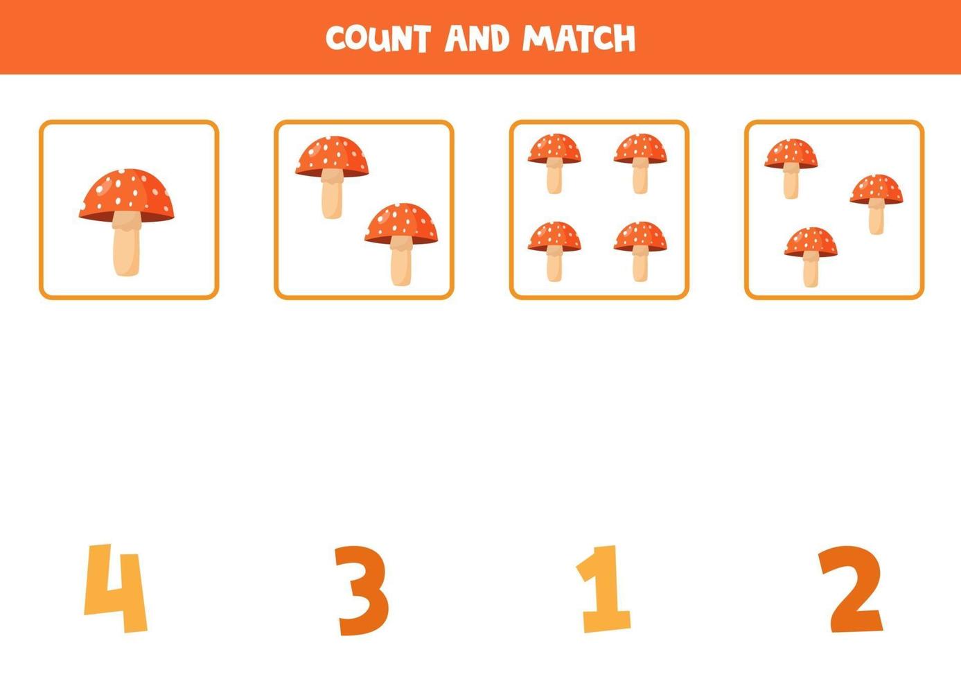 Counting fly agaric mushrooms. Math game for preschoolers. vector