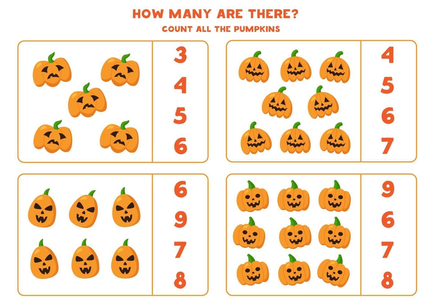 Counting Halloween jack o lantern pumpkin. Math game. vector