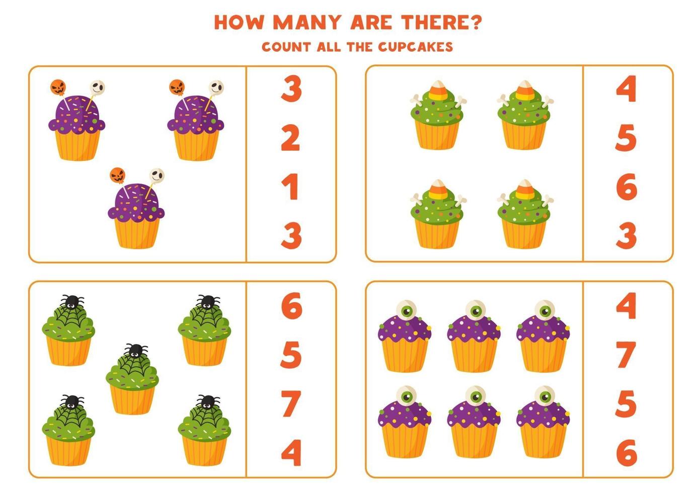 Math game with cute cartoon Halloween muffins. vector