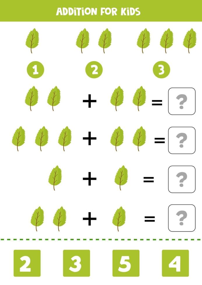 Addition with cute green leaves. Game for kids. vector