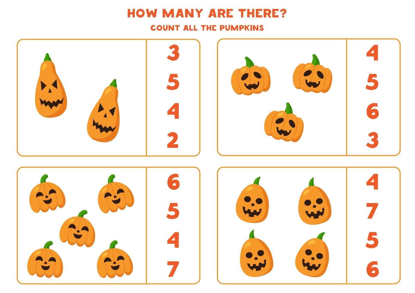 Counting Halloween jack o lantern pumpkin. Math game. vector