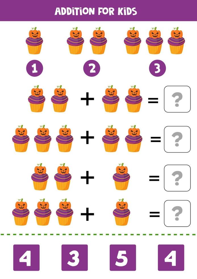 Addition math game with cute cartoon Halloween cupcake. vector