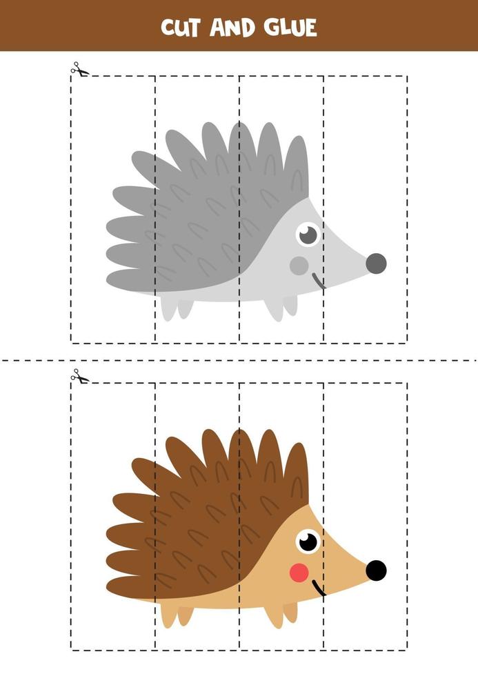 Cut and glue game for kids. Cute cartoon forest hedgehog. vector