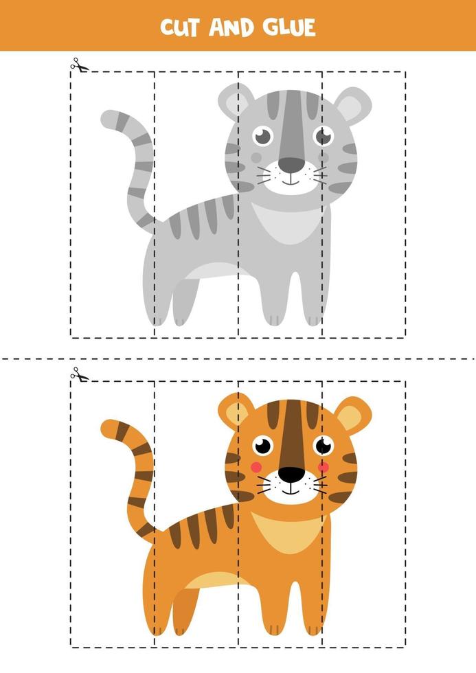 Cut and glue game for kids. Cute cartoon tiger. vector