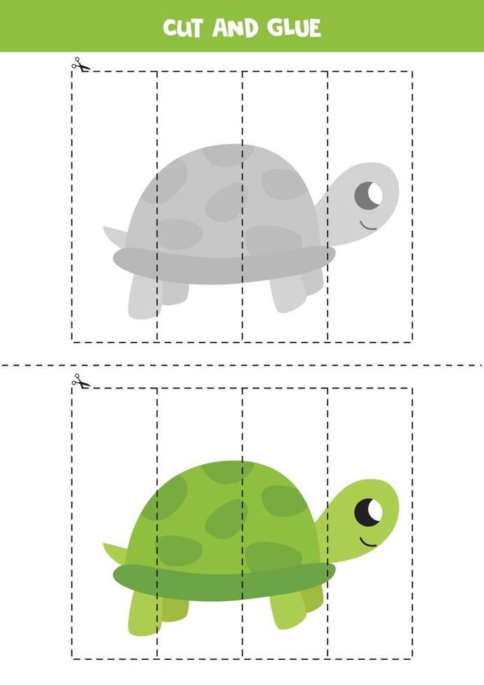 Cut and glue game for kids. Cute cartoon green turtle. vector