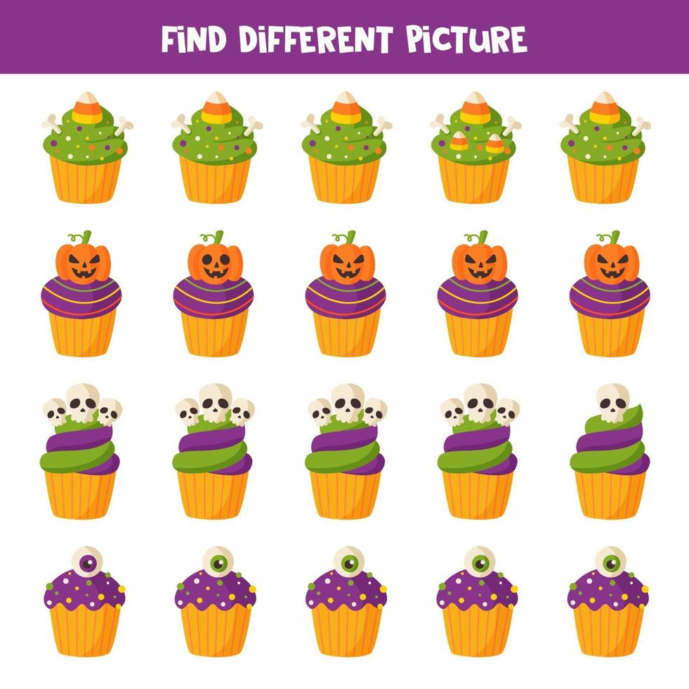 Encuentra diferentes cupcakes de halloween en cada fila. vector