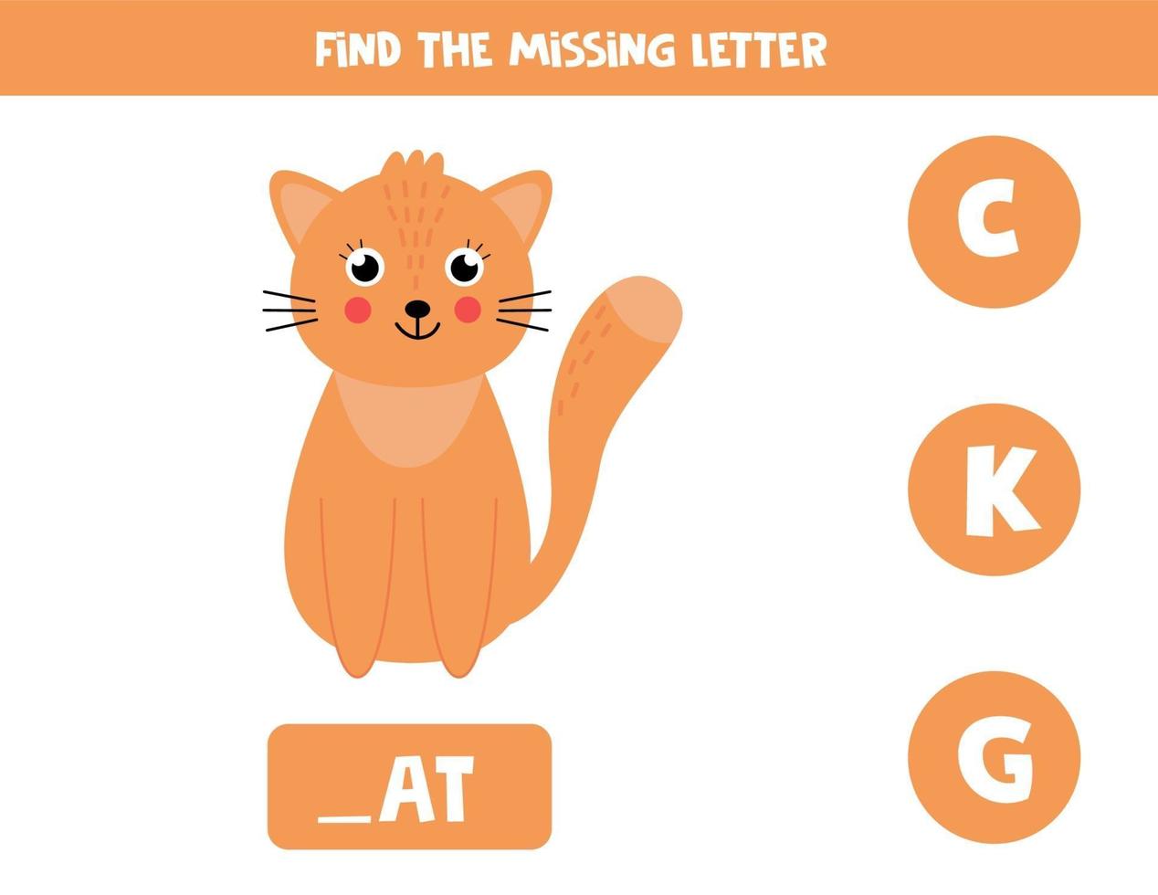 Find missing letter and write it down. Cute cartoon cat. vector