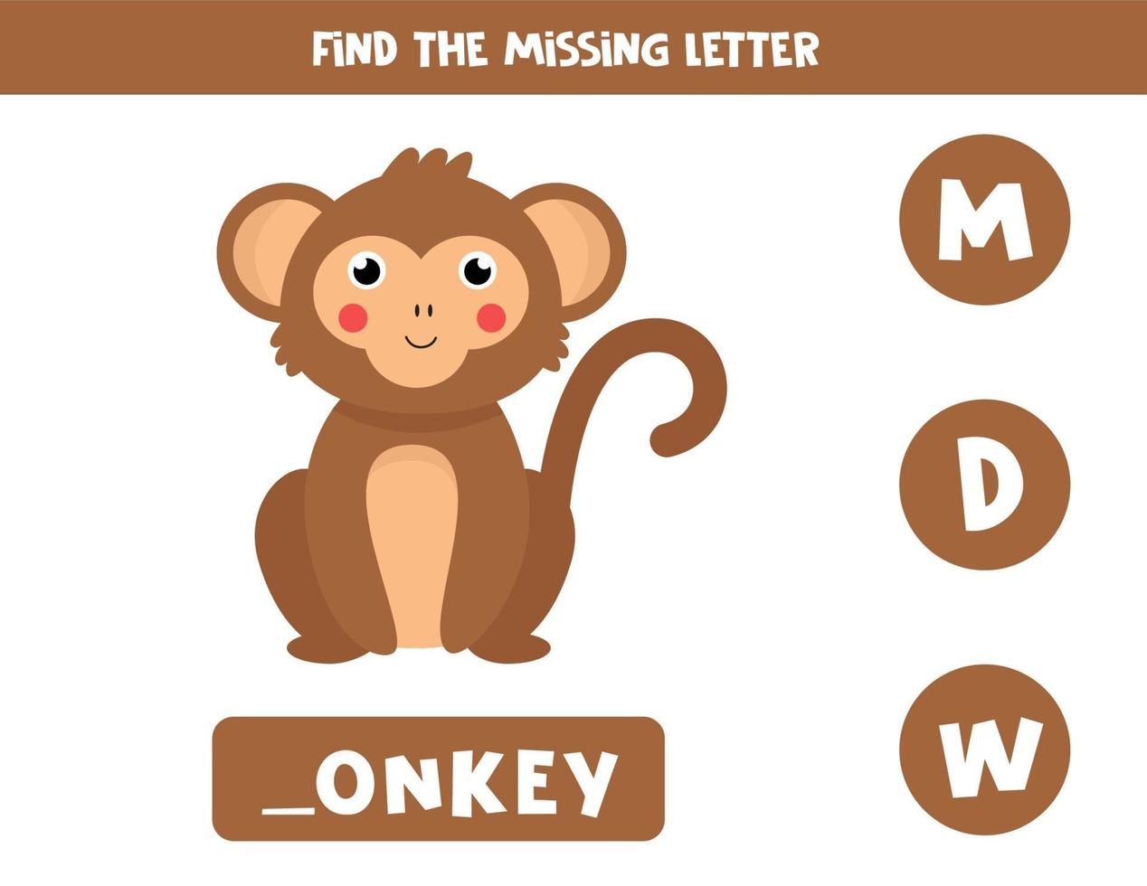 Find missing letter with cute cartoon brown monkey. vector