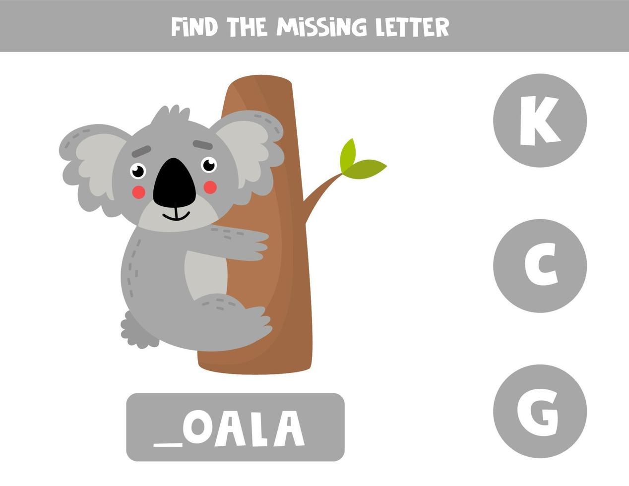 Find missing letter and write it down. Cute cartoon koala. vector