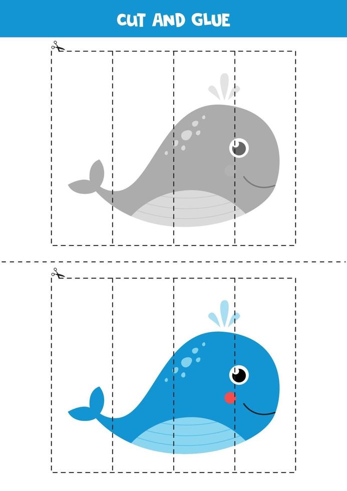 Cut and glue game with cute whale. vector