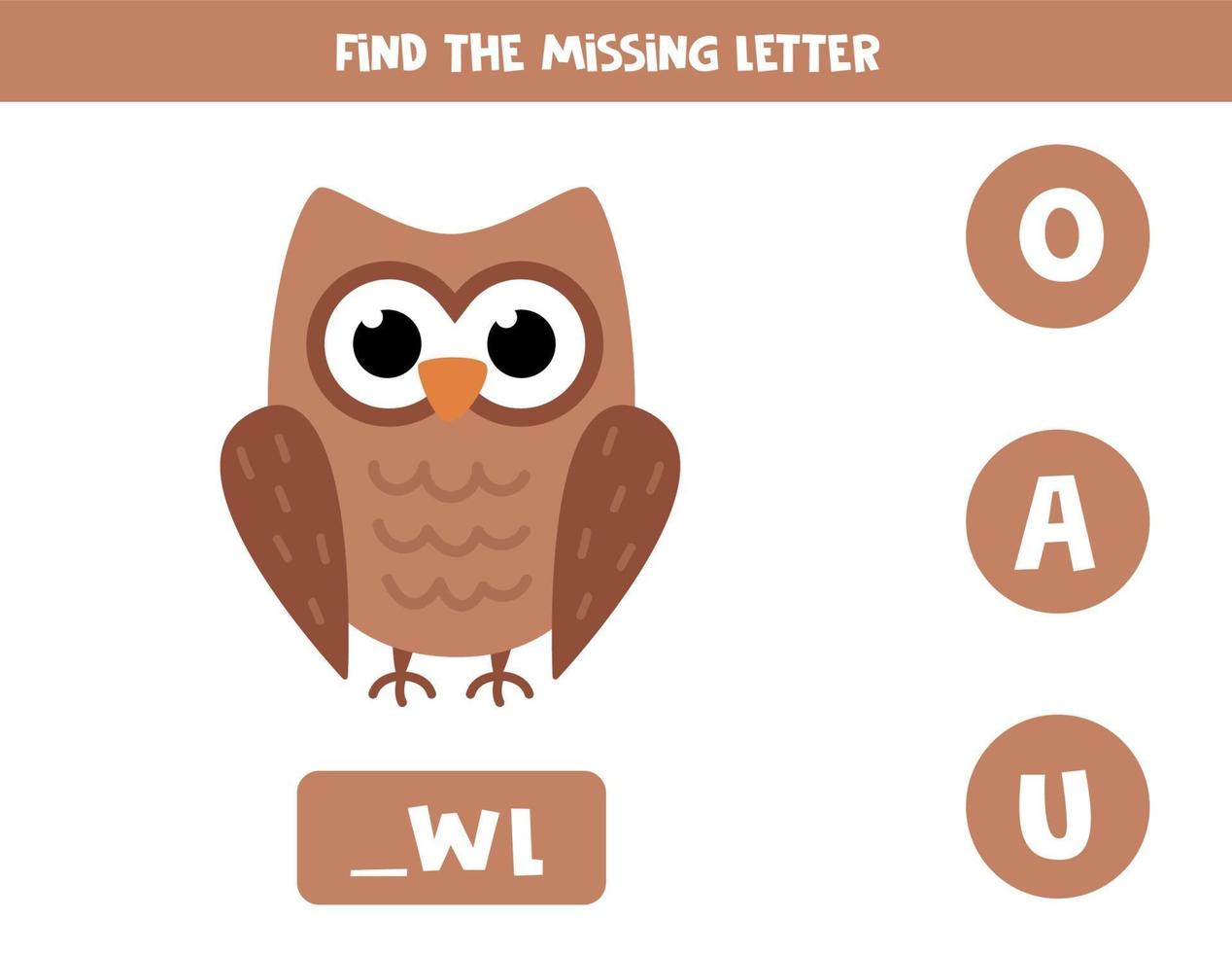 Find missing letter with cute cartoon owl. vector