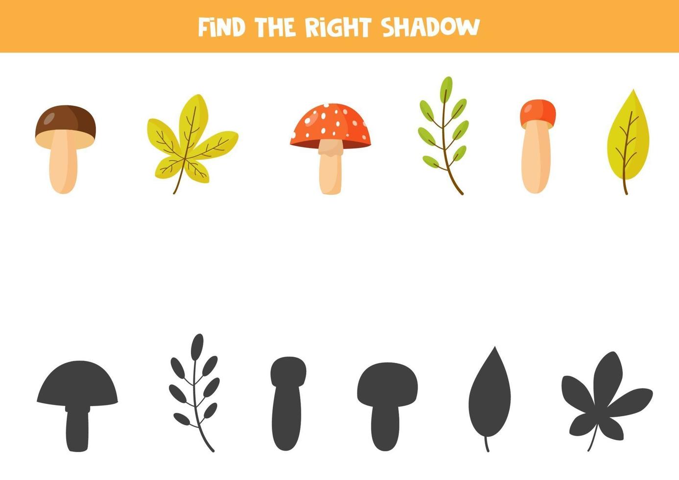 Encuentra la sombra correcta de hojas de otoño y setas. vector