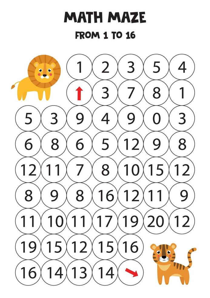 juego de matemáticas con lindo león y tigre. vector