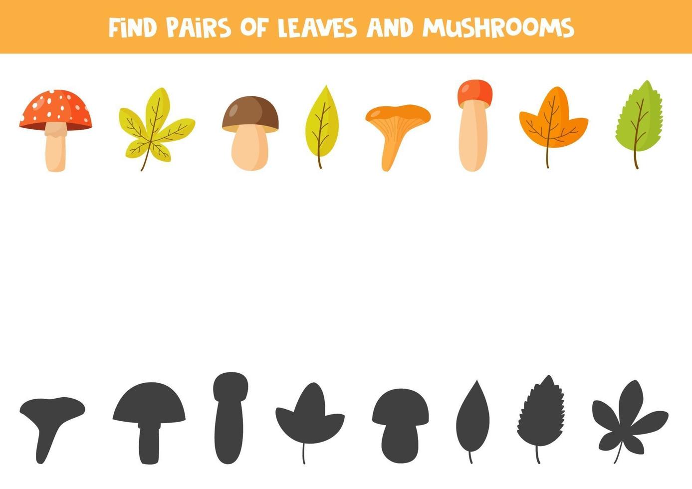 Matching pairs game with autumn leaves and mushrooms. vector