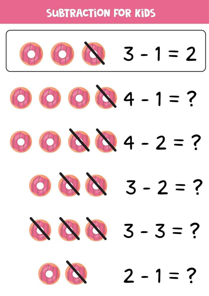 Subtraction for kids with cute pink donut. vector