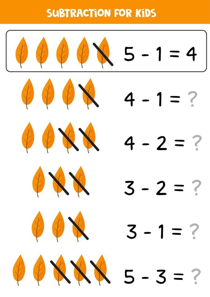 Subtraction with cute autumn leaves. Math game for kids. vector