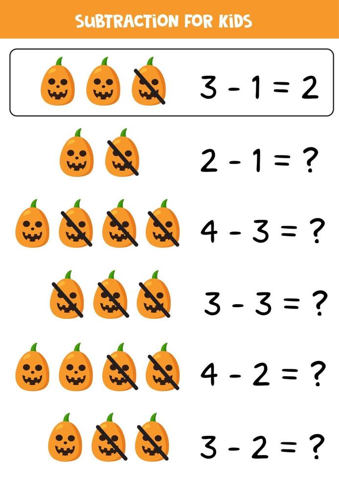 Subtraction with spooky Halloween pumpkins. Game for kids. vector