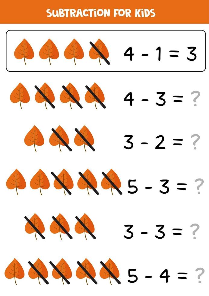 Subtraction with cute autumn leaves. Math game for kids. vector