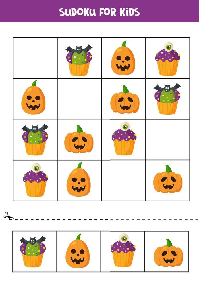 Sudoku logical game with Halloween cupcakes and pumpkins. vector