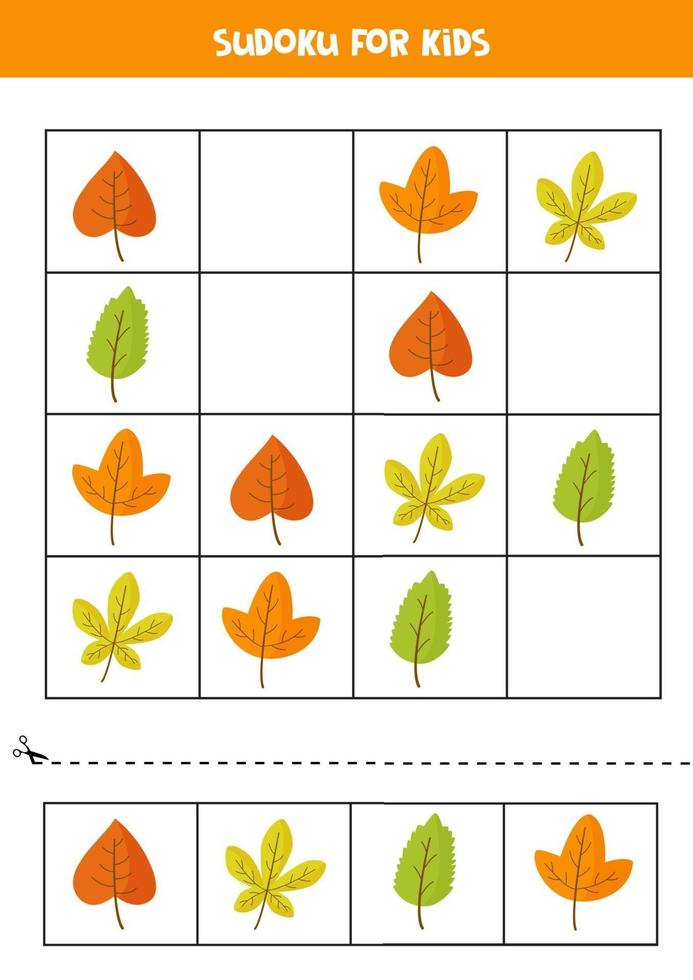 Sudoku game with cute autumn leaves. Kids puzzle. vector