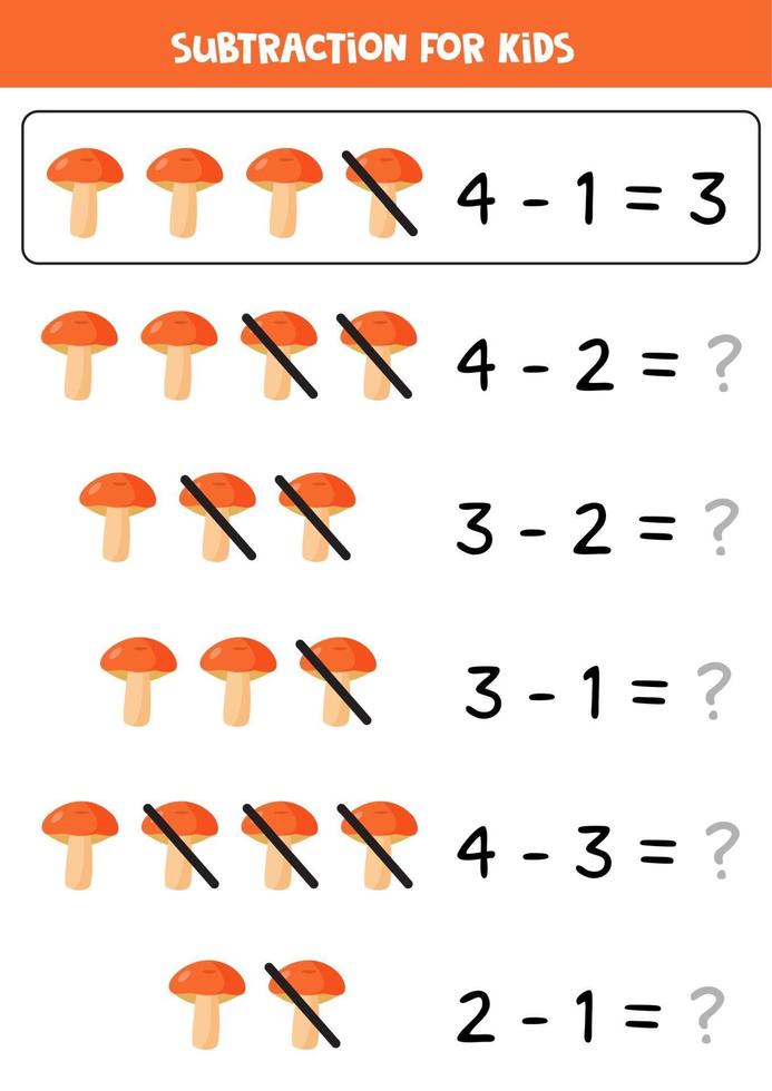 resta con setas de dibujos animados. juego de matemáticas para niños. vector