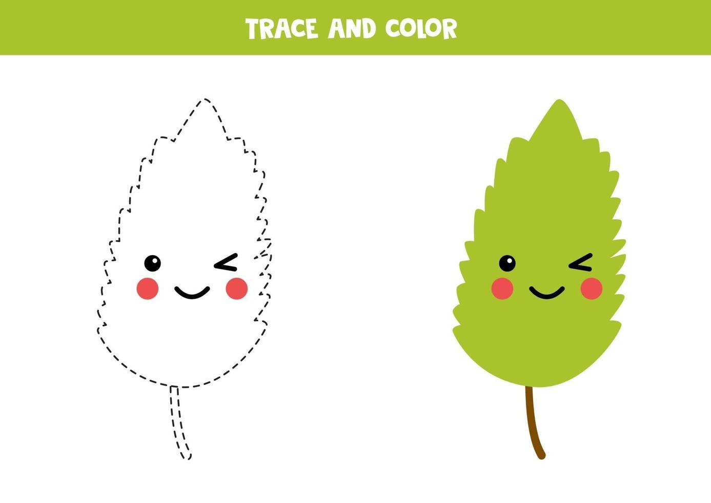 Trace and color kawaii smiling green leaf. vector