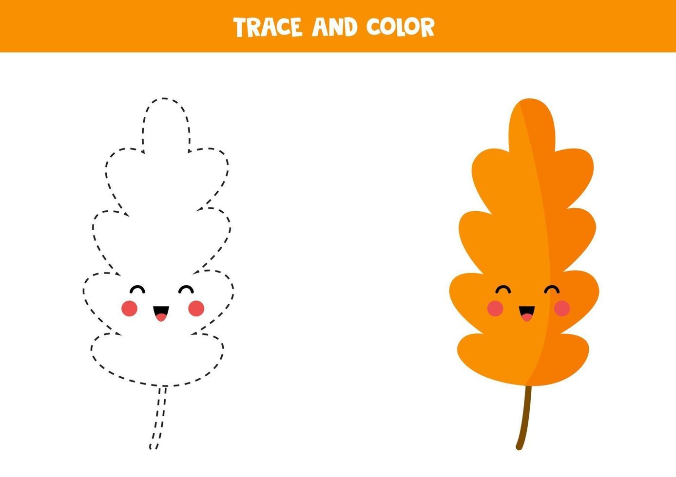 Tracing and coloring book with kawaii leaf for kids. vector