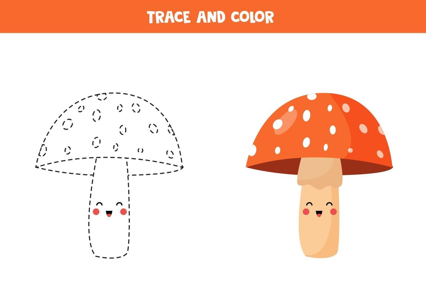 Tracing lines with cute kawaii amanita mushroom. Coloring page for kids. vector