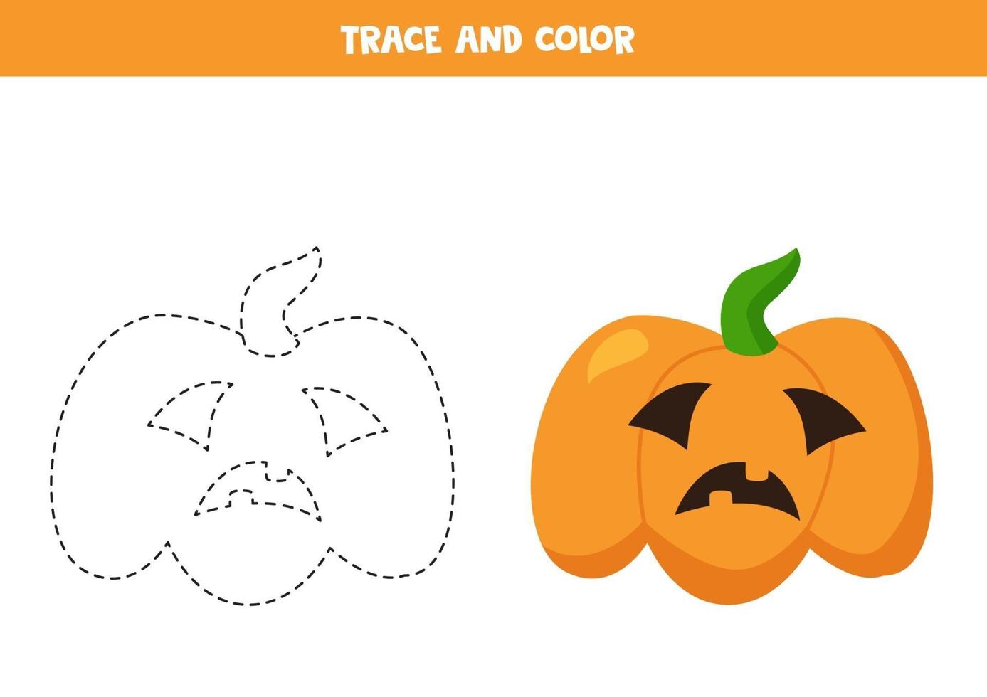 Trace and color cartoon Halloween pumpkins. Handwriting practice. vector