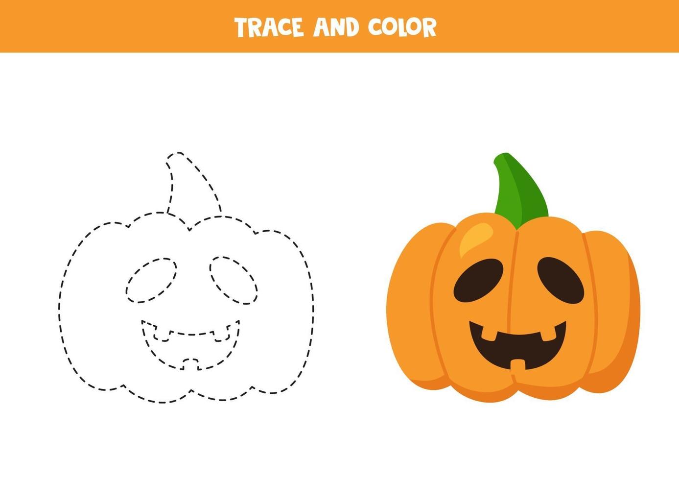 Rastrear y colorear calabazas de halloween de dibujos animados. práctica de escritura a mano. vector