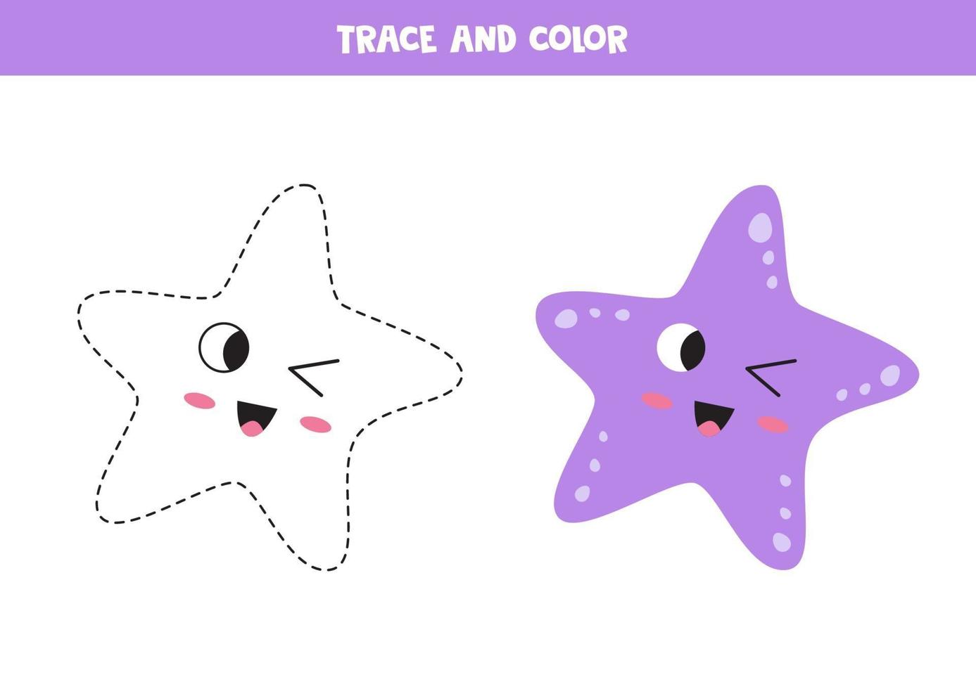 Trace cute kawaii starfish. Coloring page for kids. vector
