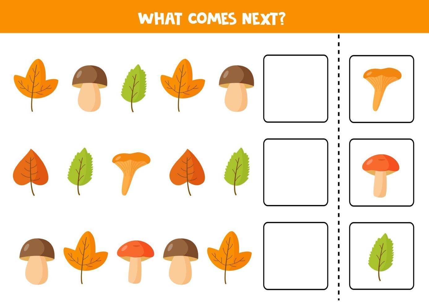 What comes next with colorful autumn leaves and mushrooms. vector