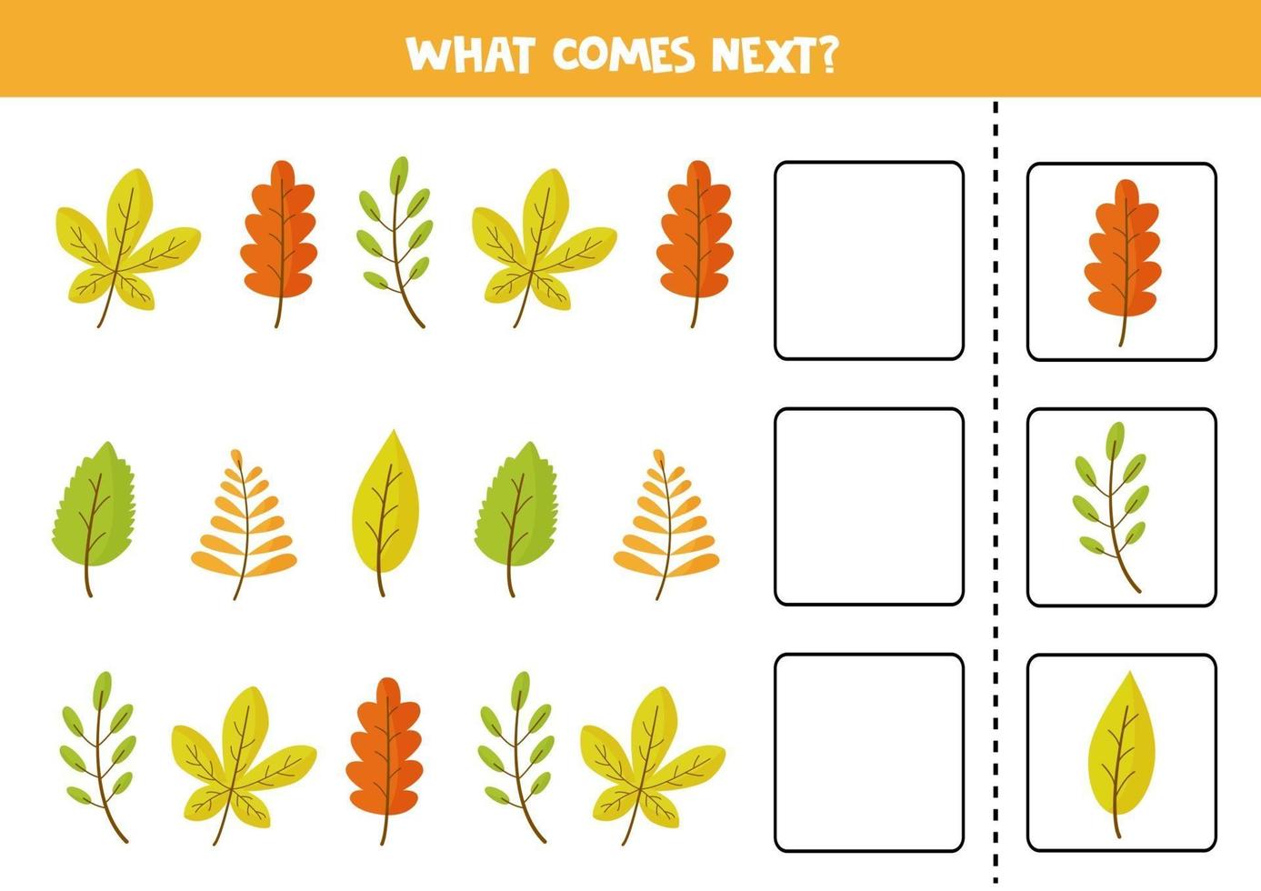 Continue sequence with cute autumn leaves. What comes next. vector