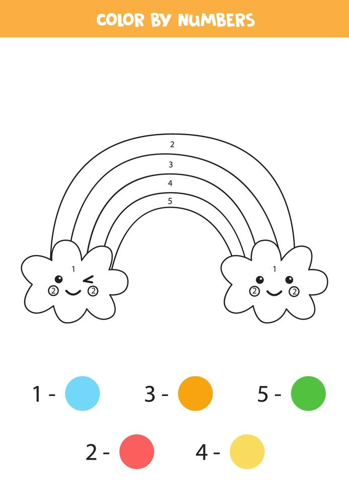 Color cute rainbow with clouds by numbers. Worksheet for kids. vector