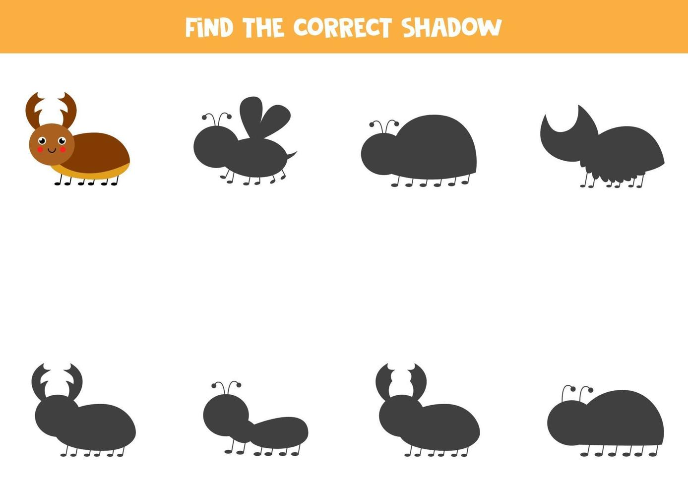 Find the correct shadow of cute stag bug. Logical puzzle for kids. vector