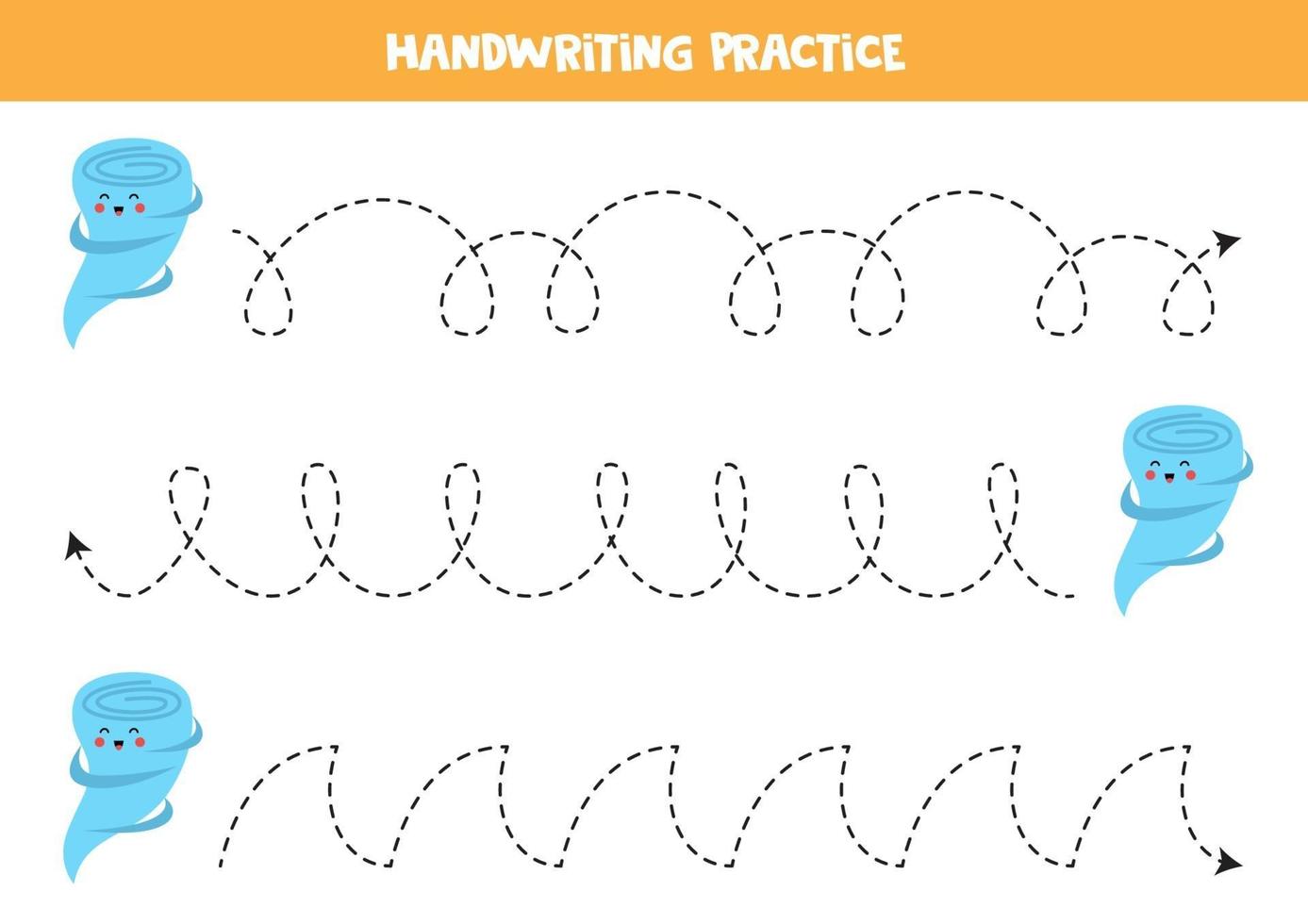 Trace the lines with cute tornado. Writing practice. vector