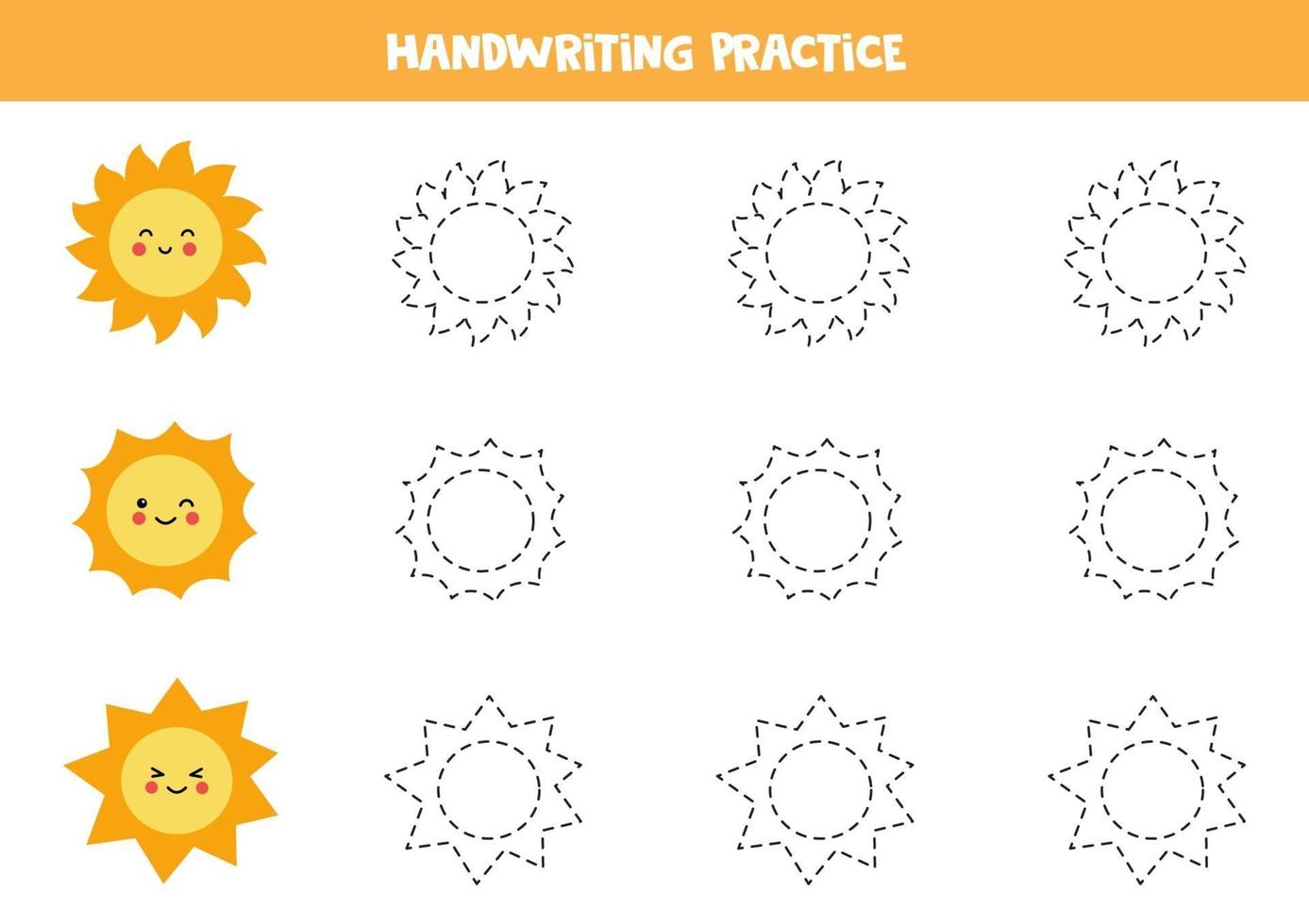 Trace the lines with cute suns. Writing practice. vector