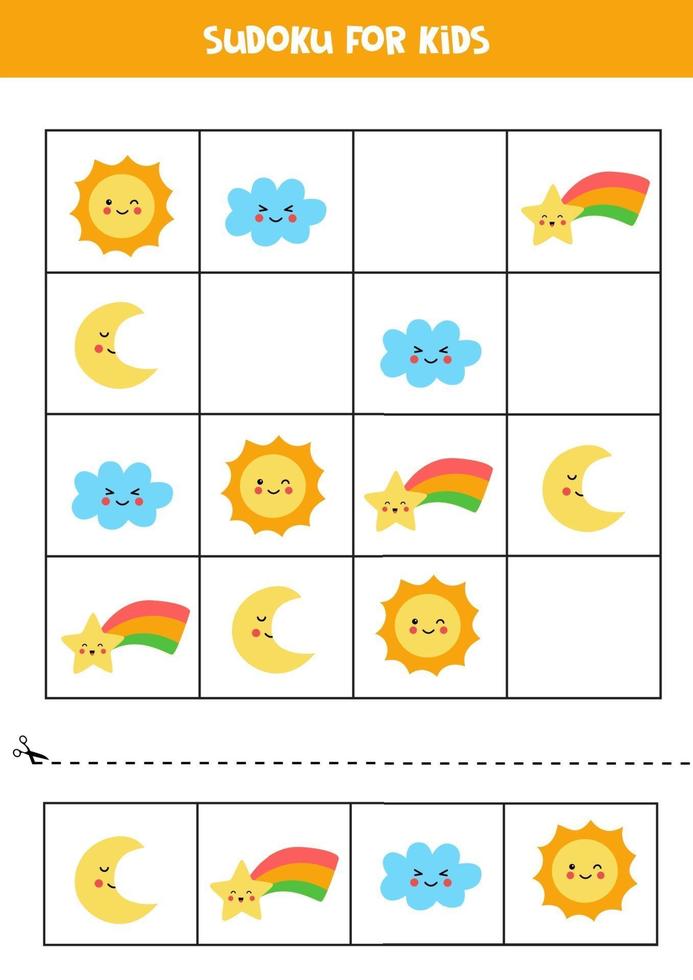 juego de sudoku para niños con lindos eventos meteorológicos. vector