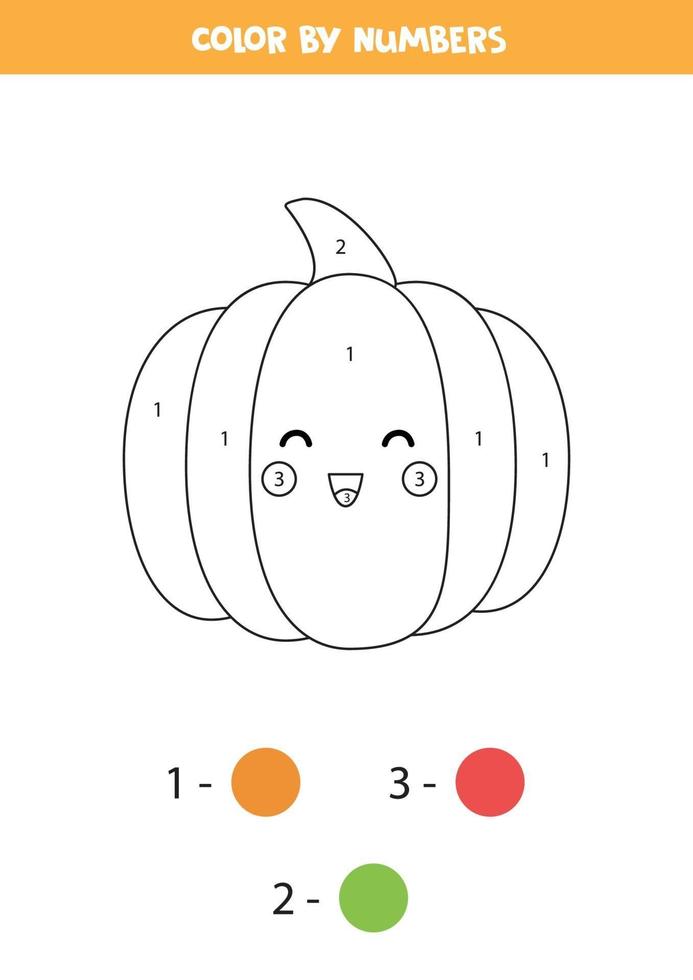 Coloring book with cute kawaii pumpkin. Color by numbers. vector