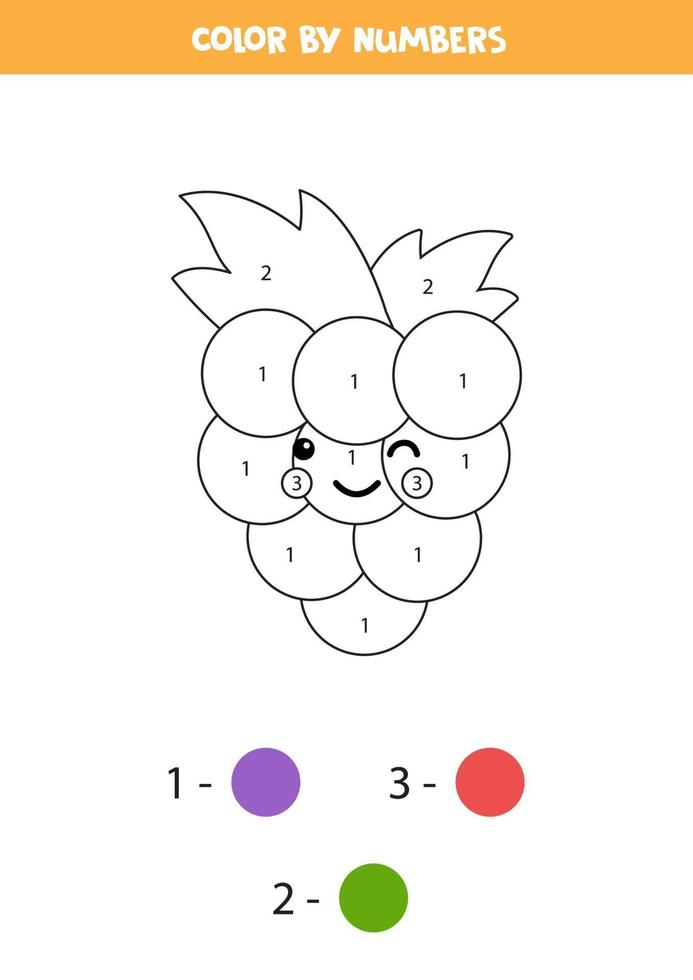 colorea la uva kawaii linda por números. juego para niños. vector