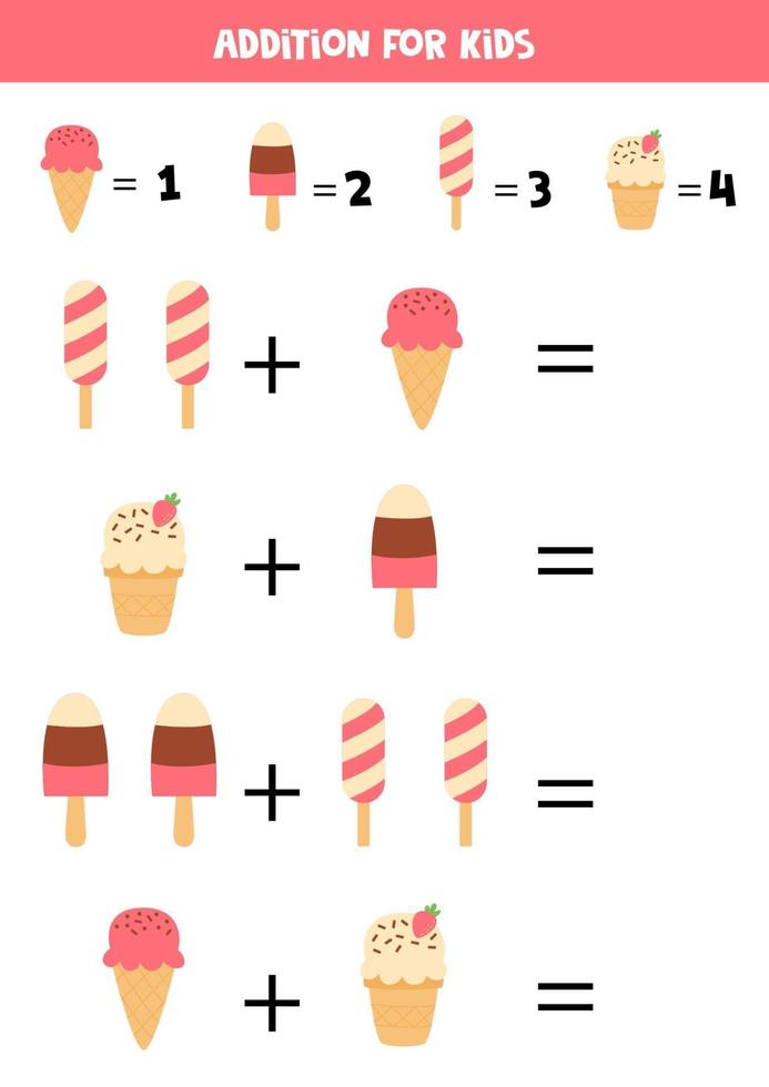 Addition with cute cartoon ice creams. Math game. vector