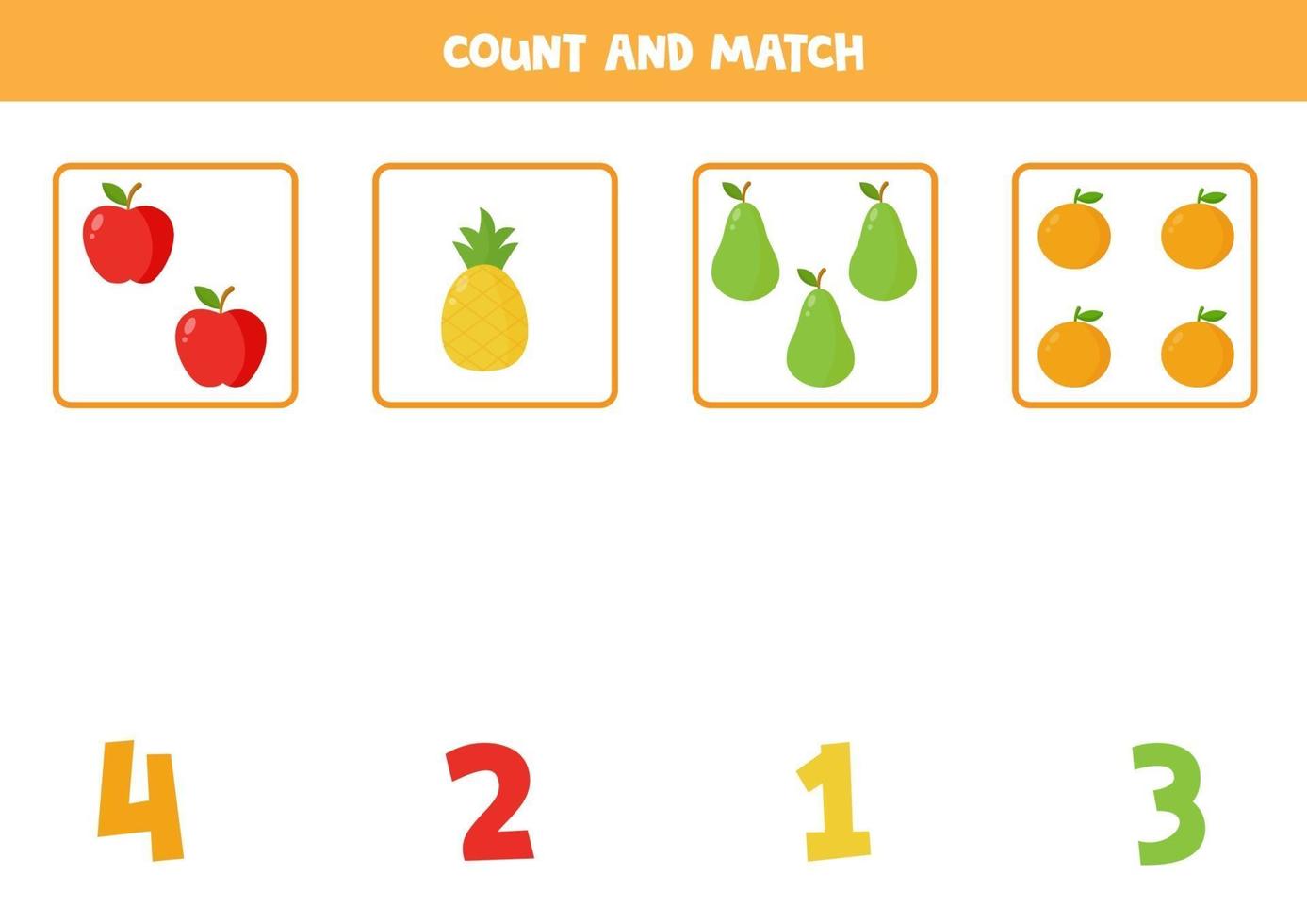 juego de contar para niños. hoja de trabajo coincidente. frutas vectoriales. vector