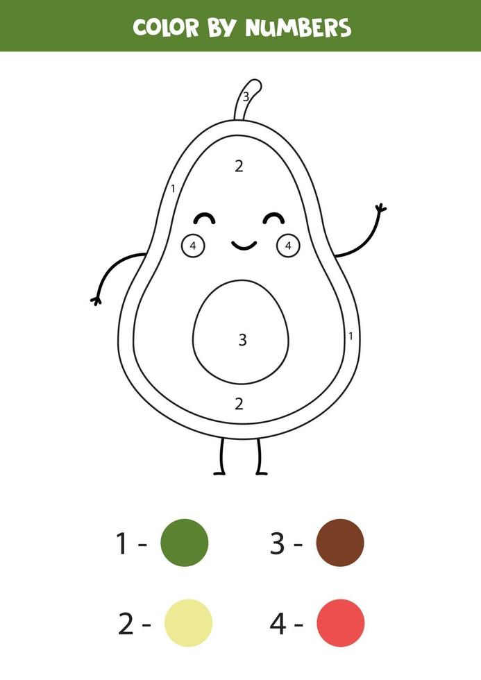 Cute avocado coloring page. Color by numbers. vector