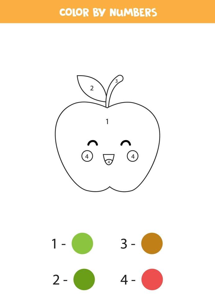 Coloring cute kawaii apple by numbers. Game for kids. vector