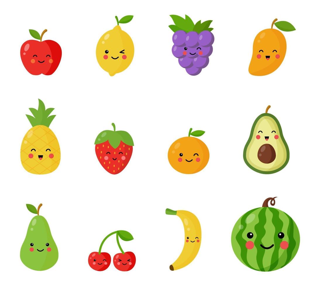 Set of cute and happy kawaii fruits and berries. vector