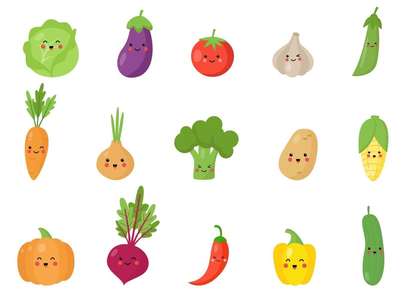 conjunto de verduras kawaii lindas y felices. vector