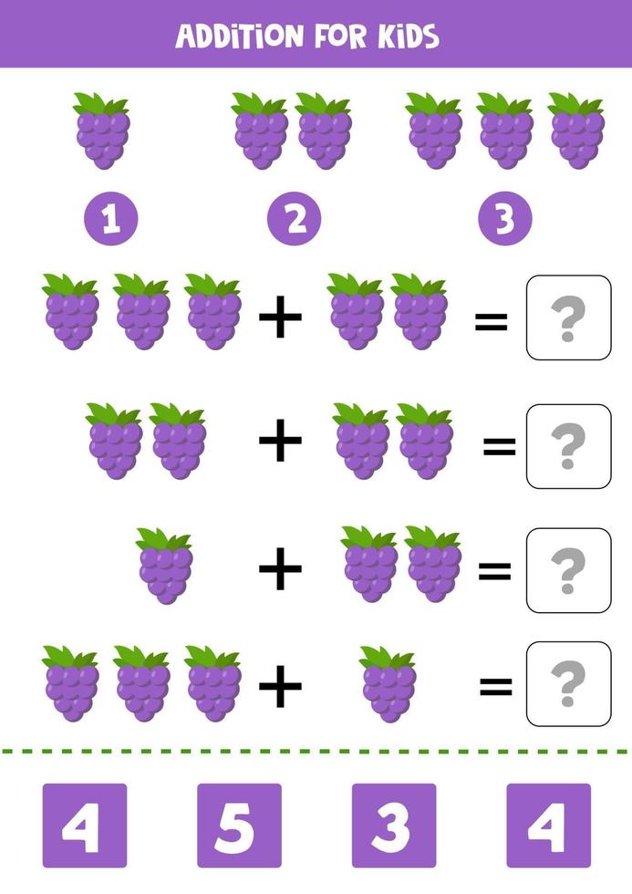 Addition for kids with cute cartoon grape. vector